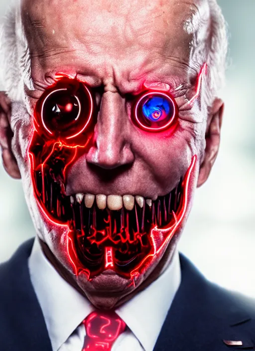 Image similar to hyper realistic ultra realistic cyborg photo Doom horror furious glowing red eyes biden