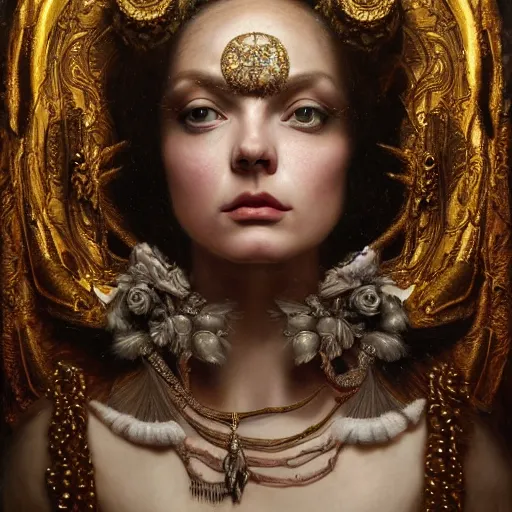 Image similar to highly detailed oil painting | very intricate | cinematic lighting | award - winning | portrait of goddess astarte dressed by alexander mcqueen | by roberto ferri, by tom bagshaw, by j. c. leyendecker and klimt, american romanticism, by austin osman spare, artstation, cgsociety, official art, octane