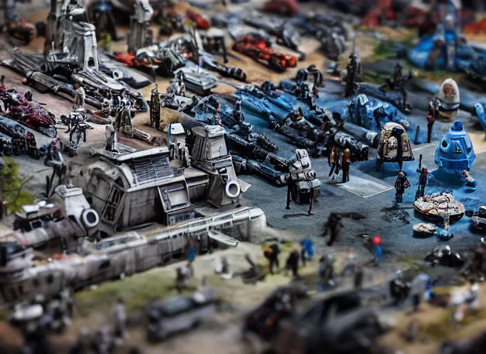Prompt: a photo of a epic grand scale diorama of star wars figures and vehicles canon, macro photography, tilt - shift photography