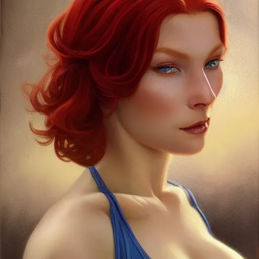 Prompt: A Beautiful woman with red hair and blue eyes in the best modeling position, detailed, centered, digital painting, artstation, concept art, donato giancola, Joseph Christian Leyendecker, WLOP, Boris Vallejo, Breathtaking, 8k resolution, extremely detailed, beautiful, establishing shot, artistic, hyperrealistic, beautiful face, octane render, cinematic lighting, dramatic lighting, masterpiece