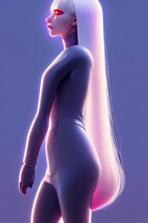 Image similar to upright and straight android women, scifi, futuristic design, bae suzy, long white hair, character design, cinematic lighting, highly detailed, by beeple, goro fujita, smooth gradient.