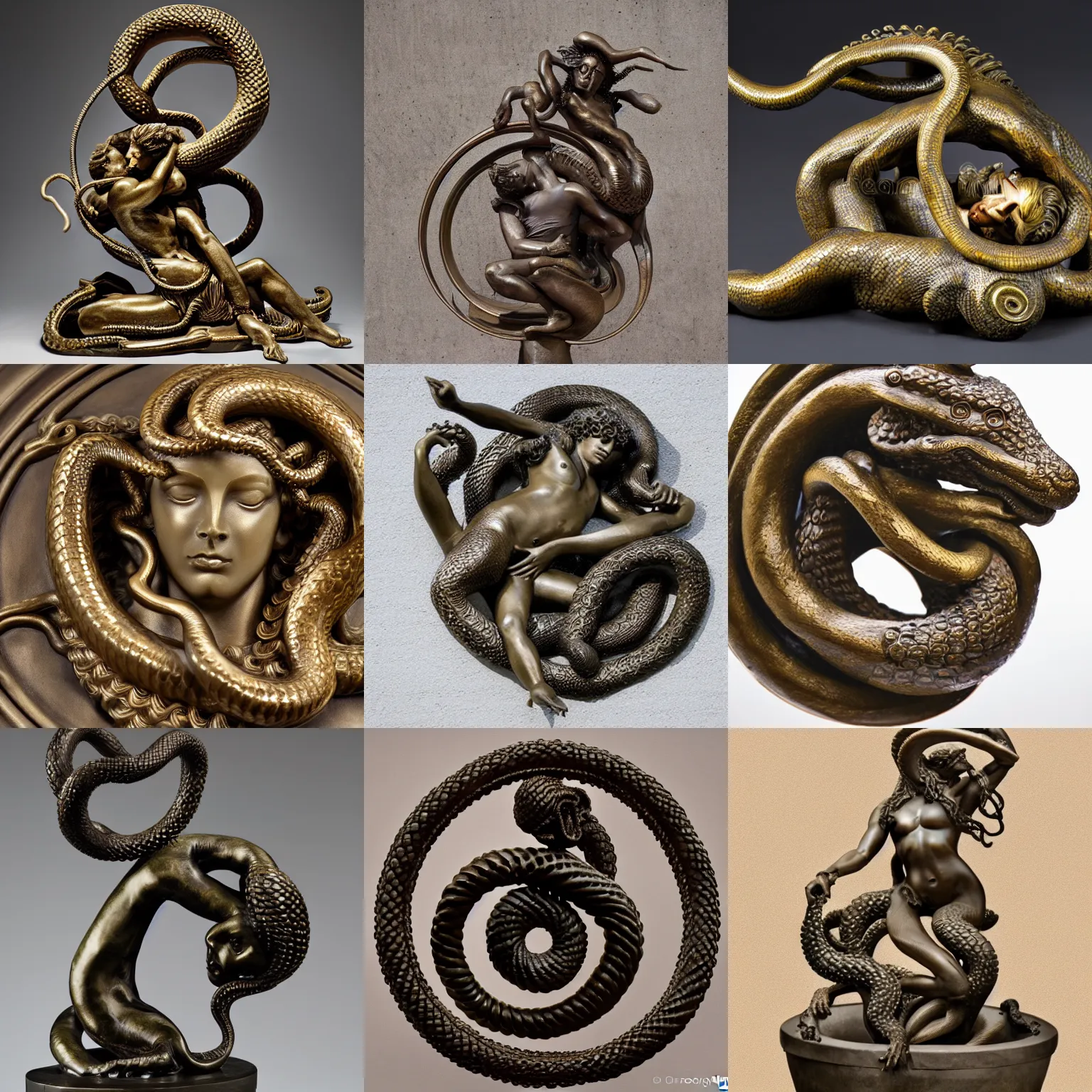 Prompt: bronze sculpture of medusa and ouroboros, intricate, professional photography, peaceful