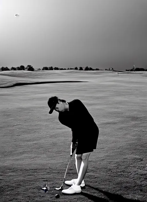 Prompt: golfing black and white portrait white sky in background