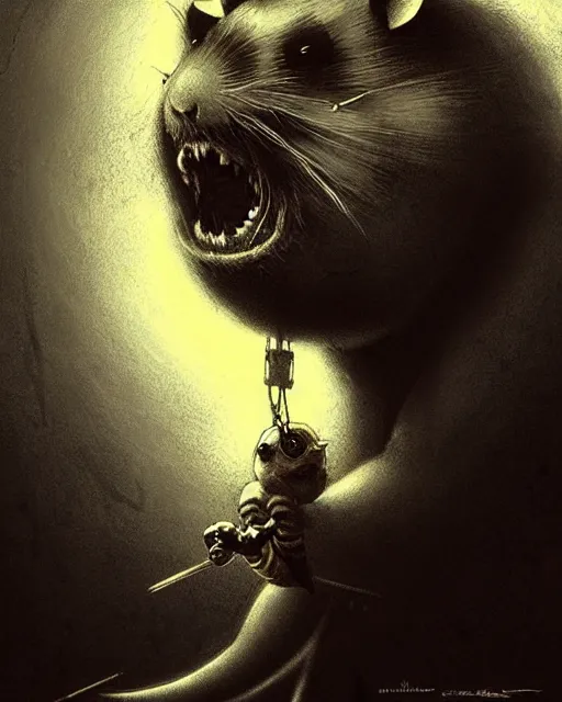 Prompt: wrecking ball the hamster from overwatch, character portrait, portrait, close up, concept art, intricate details, highly detailed, horror poster, horror, vintage horror art, realistic, terrifying, in the style of michael whelan, beksinski, and gustave dore