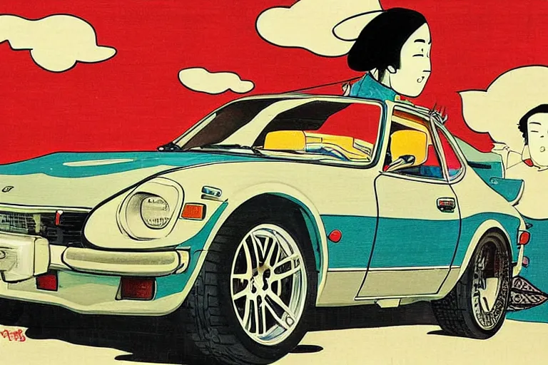 Image similar to ukiyo - e painting of a 1 9 7 5 datsun 2 4 0 z