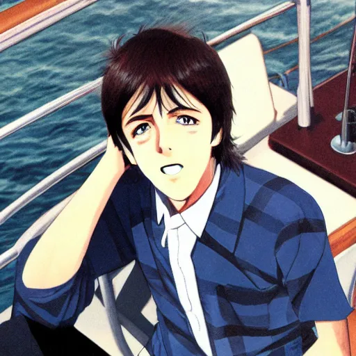 Prompt: anime illustration of young Paul McCartney from the Beatles, wearing a blue and white check shirt, on a yacht at sea, relaxing and smiling at camera, white clouds, ufotable