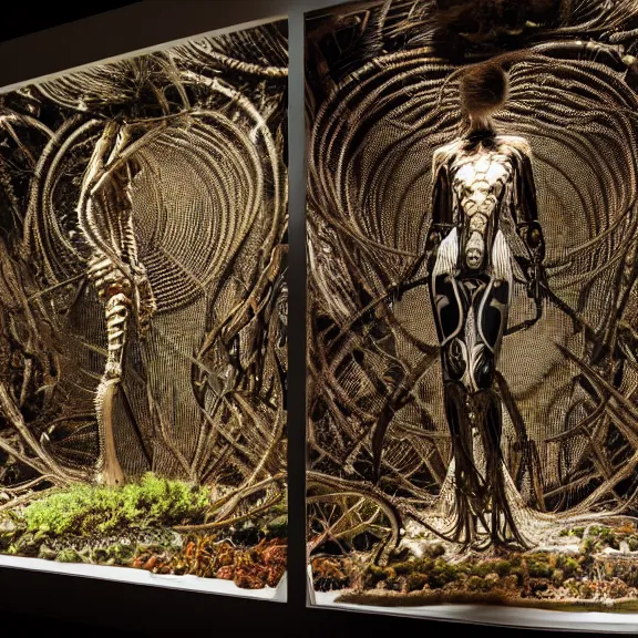 Prompt: still frame from Prometheus, biomechanical gaia, by Neri Oxman and alexander mcqueen metal couture editorial, in mycelium hanging garden by giger by utagawa kuniyoshi