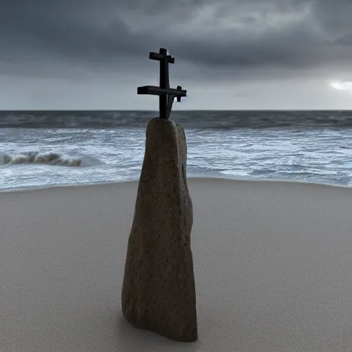 Prompt: a highly detailed vector render of a large cross standing on the beach as a storm comes in with the tide, a beautiful blonde woman sitting in the sand watching the ocean, epic fantasy, god rays, rocky beach, aerial photography, volumetric lighting, octane render, exquisite detail, 8 k, art by hayao miyazaki and albert bierstadt and alphonse mucha