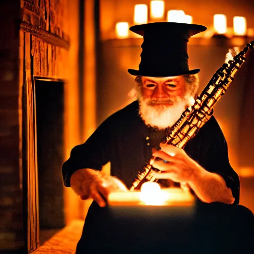 Prompt: a close up portrait of a wizard playing the flute, fireplace lighting, nighttime, kodak vision 5 0 0 t