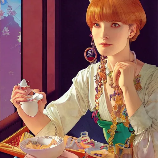 Prompt: Full body portrait of a sorceress sipping tea in her sunlit study, illustration, exquisitely detailed, Ilya Kuvshinov, Hayao Miyazaki, Kazuma Kaneko, Alphonse Mucha