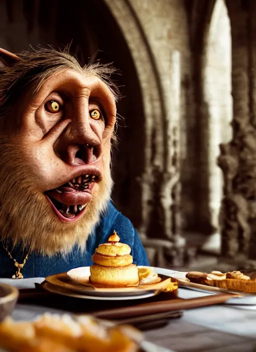 Image similar to closeup portrait of a medieval goblin eating cakes in the abbey, depth of field, zeiss lens, detailed, symmetrical, centered, fashion photoshoot, by annie leibovitz and steve mccurry, david lazar, jimmy nelsson, breathtaking, 8 k resolution, extremely detailed, beautiful, establishing shot, artistic, hyperrealistic, beautiful face, octane render