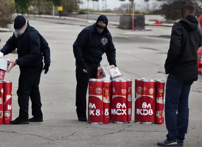 Image similar to film still of fbi agents searching boxes filled with coke cans and mcdonalds boxes in the new political thriller movie, 8 k