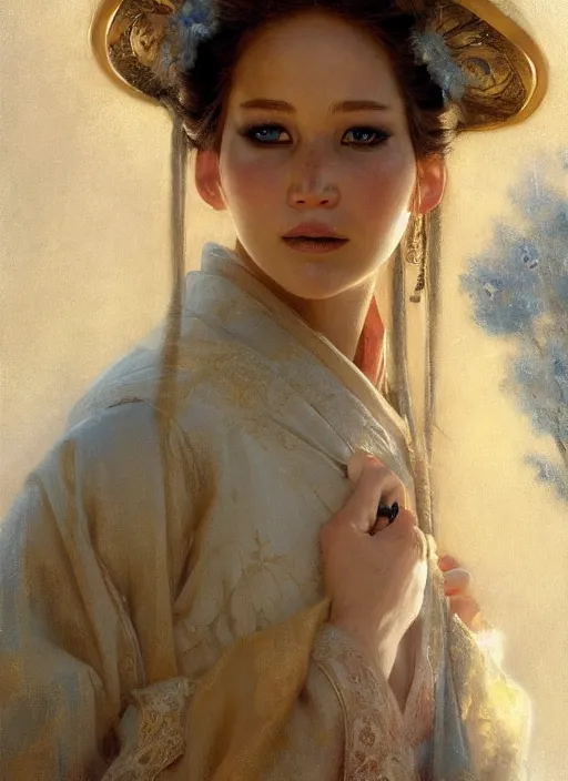 Image similar to detailed portrait of jennifer lawrence wearing hanfu, natural light, painting by gaston bussiere, craig mullins, j. c. leyendecker