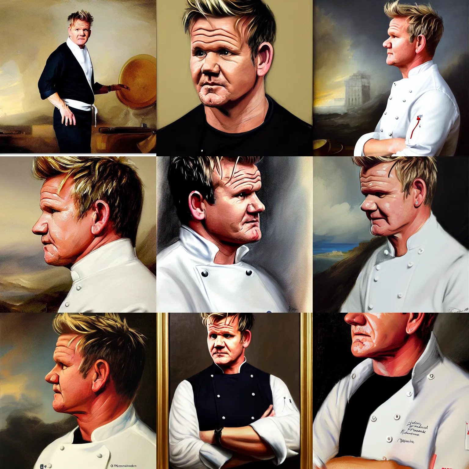 Prompt: a side profile portrait of gordon ramsay wearing a chef uniform, a character portrait by john trumbull, american romanticism, detailed painting, soft focus