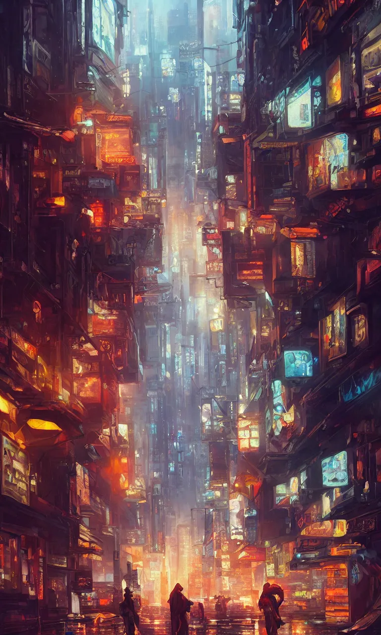 Image similar to an epic painting of the city street, oil on canvas, cold colors, perfect composition, golden ratio, beautiful detailed, photorealistic, digital painting, artstation, concept art, smooth, sharp focus, illustration, cyberpunk background, artstation trending, octane render, unreal engine