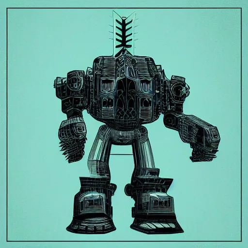 Image similar to Mcbess designed cyberpunk aesthetic TOOL album cover art of a giant mech warrior. 3D octane.