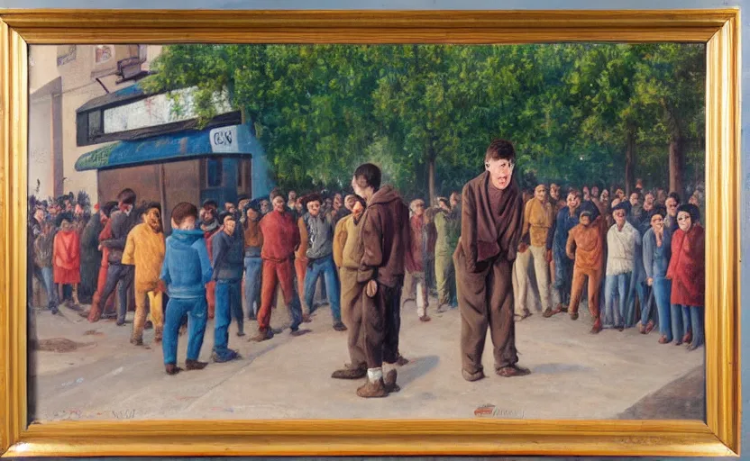 Image similar to ernst ludwig painting of a frightened young man in a street surrounded by people who have no eyes. people are starting at crt televisions on the corner s 1 5 0