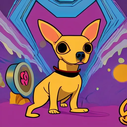 Image similar to a chihuahua with a third eye living in an extradimensional reality, in the style of goof troop, illustration, epic, fantasy, hyper detailed, smooth