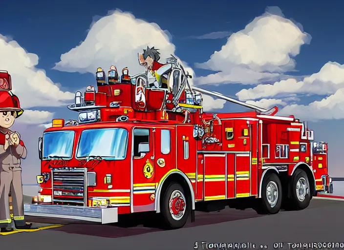 Prompt: firefighter driving a firetruck, anime fantasy illustration by tomoyuki yamasaki, kyoto studio, madhouse, ufotable, trending on artstation