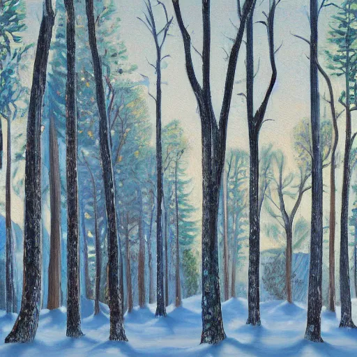 Prompt: a painting of a snowy forest with trees, an acrylic painting by Ray Crooke, metropolitan museum, contest winner, american scene painting, detailed painting