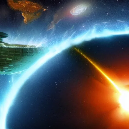 Prompt: Enormous alien ship shoots plasma beam, obliterating the Earth, realistic view from space