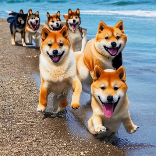 Image similar to photo of a shiba inu leading a pack of shiba inu puppies to the ocean