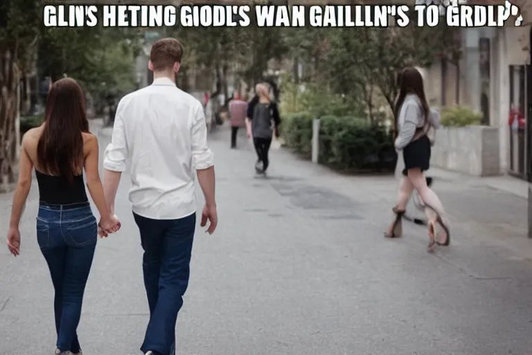 Image similar to Meme of man holding his girlfriends hand, walking down the street, looking over his shoulder to check out another girl, photograph