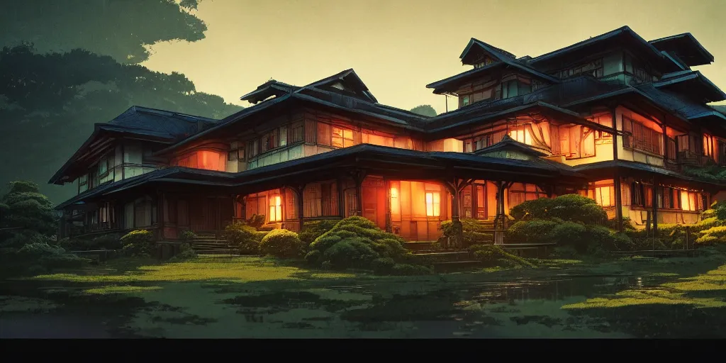 Image similar to twilight lighting, moody, atmospheric, solarpunk, old traditional filipino sleek modern mansion made of wood in a green garden, with a front porch, on the lonely hill by ghibli studio and victor ngai, ghost in the shell, akira, pixar highly detailed, 8 k h 5 7 6