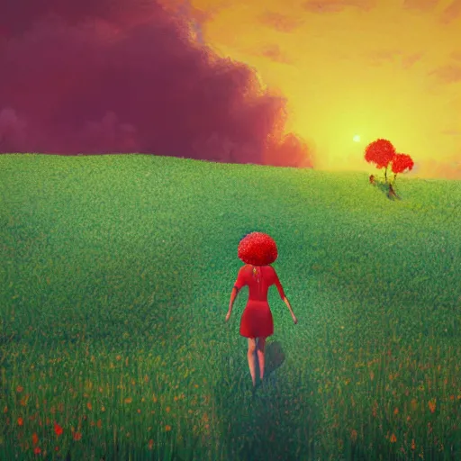 Image similar to giant red flower afro, full body, girl walking in the middle of a field with flowers, surreal photography, hills, sunrise dramatic light, impressionist painting, colorful clouds, digital painting, pointillism, artstation, simon stalenhag