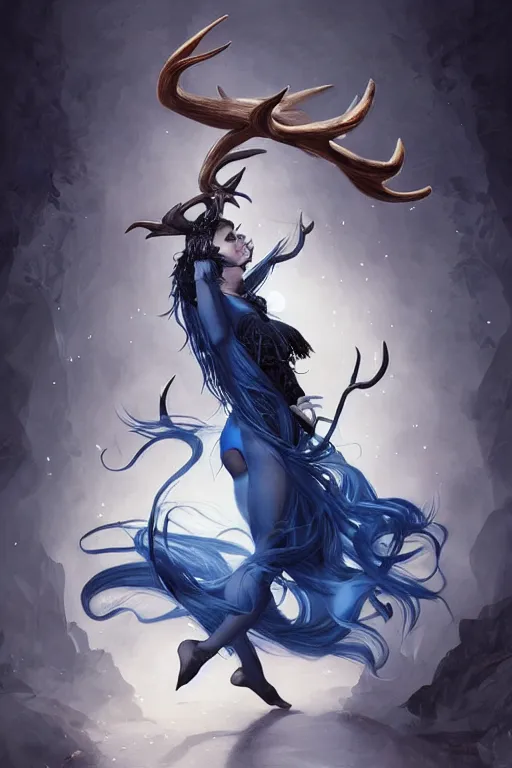 Image similar to fullbody!! dynamic action pose, beautiful woman with blue hair, antlers on her head, long flowing intricate black dress, dnd, face, fantasy, intricate, elegant, highly detailed, digital painting, artstation, concept art, smooth, sharp focus, illustration, art by artgerm and greg rutkowski and alphonse mucha