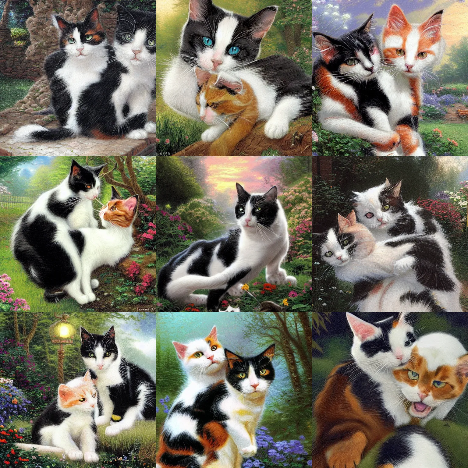 Prompt: a calico cat and a black-and-white cat hugging each other, illustrated by James Gurney, Laurie Greasely, Thomas Kinkade, highly detailed environment