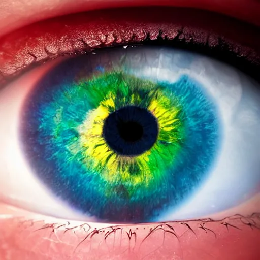 Prompt: eye with rainbow coloured cornea