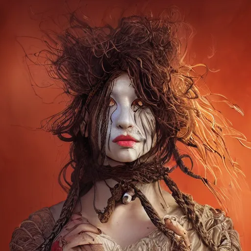 Image similar to portrait of a Shibari rope wrapped face and neck, headshot, insanely nice professional hair style, dramatic hair color, smoke, digital painting, of a old 13th century, traveler, amber jewels, baroque, ornate clothing, scifi, realistic, hyperdetailed, chiaroscuro, concept art, art by Franz Hals and Jon Foster and Ayami Kojima and Amano and Karol Bak,