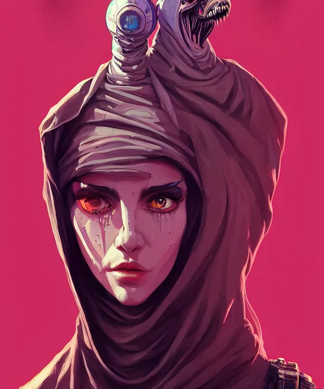 Image similar to a portrait of a raptor wearing a nun habit, cyberpunk!, fantasy, elegant, digital painting, artstation, concept art, matte, sharp focus, illustration, art by josan gonzalez