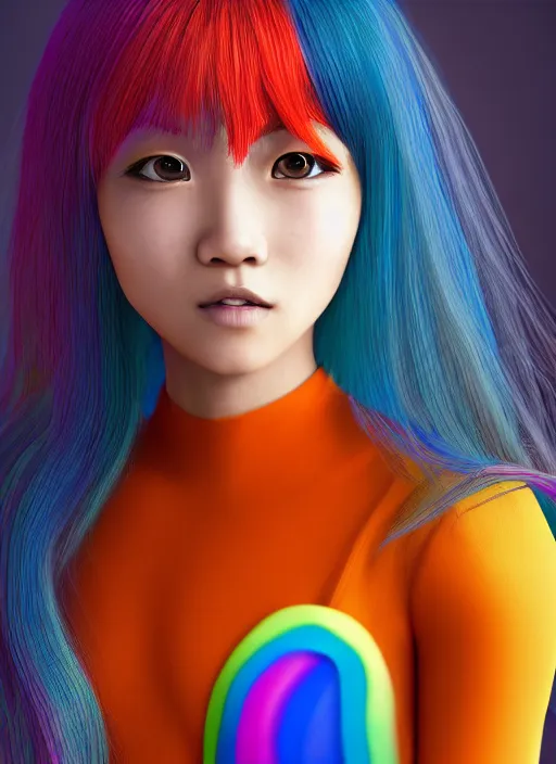 Image similar to teenage rainbow hair asian girl wearing an orange superhero costume, anime digital art, au naturel, hyper detailed, digital art, trending in artstation, cinematic lighting, studio quality, smooth render, unreal engine 5 rendered, octane rendered, art style by klimt and nixeu and ian sprigger and wlop and krenz cushart