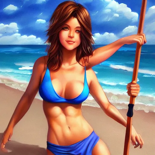 Prompt: A Buff Young Lifeguard at the Beach, short brown hair, brown eyes, slight smile, art by Artgerm, artstation