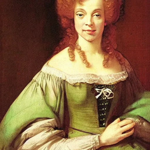 Image similar to portrait of a 40 years old women, dark red hair, green eyes, in medieval clothing, painting by Rosalba Carriera, Anton Mengs, Thomas Gainsborough, Élisabeth Vigée-Lebrun