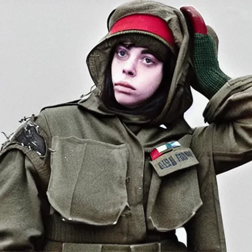Image similar to billie eilish as a world war 2 combat soldier, landing on the beaches of normandy, holding a starbucks coffee, gritty feel.