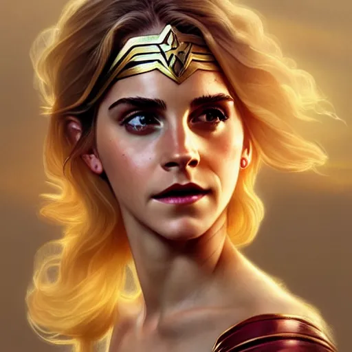 Image similar to Blonde Emma Watson as Wonder Woman, western, D&D, fantasy, intricate, elegant, highly detailed, digital painting, artstation, concept art, matte, sharp focus, illustration, art by Artgerm and Greg Rutkowski and Alphonse Mucha