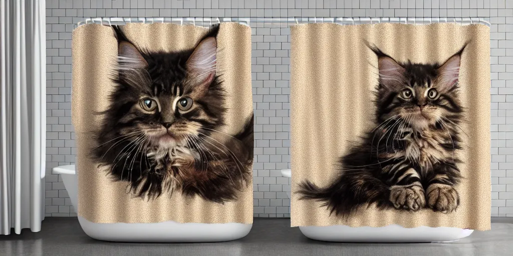 Image similar to a ( ( ( ( ( maine coon kitten ) ) ) ) ) in mandolorian ( tv ) artwork themed shower curtain, shower curtain. digital art. product photography. product lighting. 4 k, highly detailed. saturated.