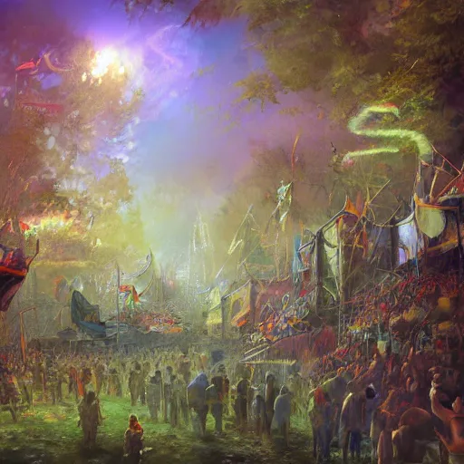 Image similar to woodstock 1 9 6 9 ornate background, beautiful fantasy detailed trending on artstation, oil painting, dramatic lighting, eterea, high quality print, fine art with subtle redshift rendering