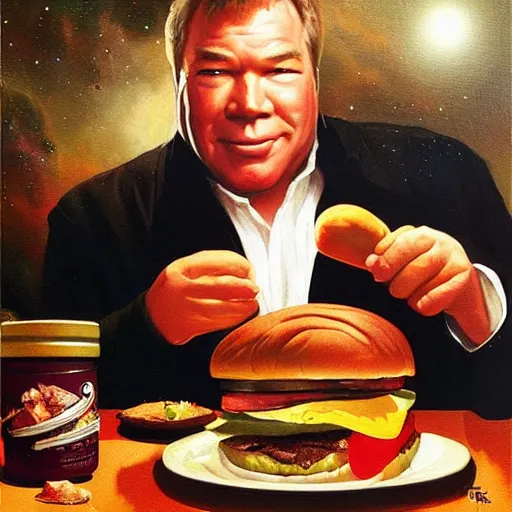 Image similar to portrait of william shatner feeding captain kirk giant hamburgers, extra bacon lettuce and tomatoes, an oil painting by ross tran and thomas kincade