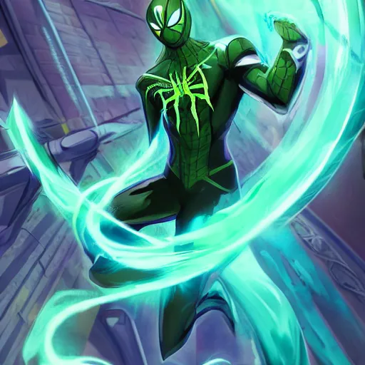 Prompt: splash art of a cool beautiful green and cyan spiderman in a stylish pose in the style of the league of legends splash art, digital art by Michelle Hoefener