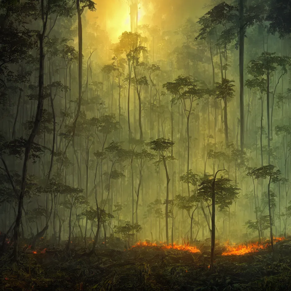 Prompt: amazon forest burning, apocalyptic, very detailed, wide - angle lens, bioluminiscence global illumination ray tracing hdr fanart arstation by ian pesty and alena aenami artworks in 4 k