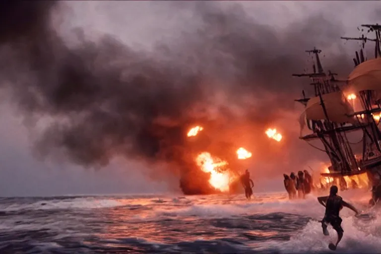 Image similar to vfx movie closeup portrait pirate crew running down beach as pirate ship fires canons, sand explosion by emmanuel lubezki