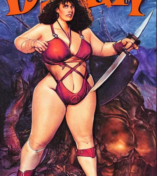 Prompt: 1 9 8 0 s fantasy novel book cover, bbw plus size amazonian bryce dallas howard in extremely tight bikini armor wielding a cartoonishly large sword, exaggerated body features, dark and smoky background, low quality print