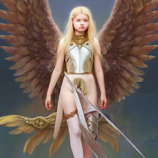 Image similar to portrait of young aasimar angel girl maiden wearing comfy leather armor with beautiful feathered angel wings, kawaii cute face, brown eyes, Mackenzie Foy, Chloe Moretz, by artgerm and greg rutkowski and alphonse mucha and andrei riabovitchev and Rossdraws and Bluesssatan and Mandy Jurgens and Stjepan Sejic, 4k oil on linen, vivid colors, colorful, photorealistic, high dynamic range, HDR, intricate, elegant, highly detailed, digital painting, artstation, concept art, smooth, sharp focus, illustration, mid-shot, medium shot, hyperdetailed