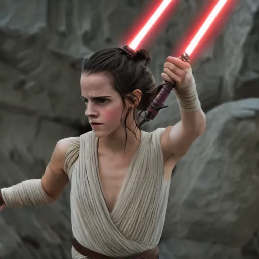 Image similar to Emma Watson modeling as Rey in Star Wars, (EOS 5DS R, ISO100, f/8, 1/125, 84mm, postprocessed, crisp face, facial features)
