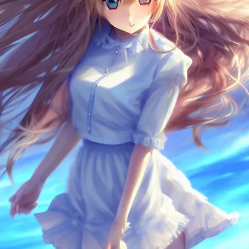 Prompt: a very beautiful anime cute girl, full body, long wavy blond hair, sky blue eyes, full round face, short smile, fancy top, miniskirt, front view, medium shot, mid-shot, highly detailed, cinematic wallpaper by Stanley Artgerm Lau