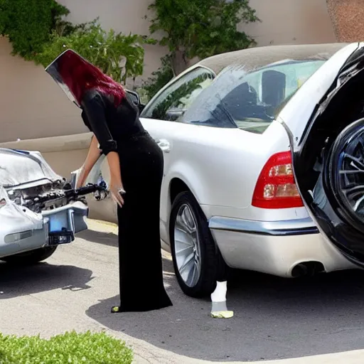 Image similar to lady gaga fixing a car engine